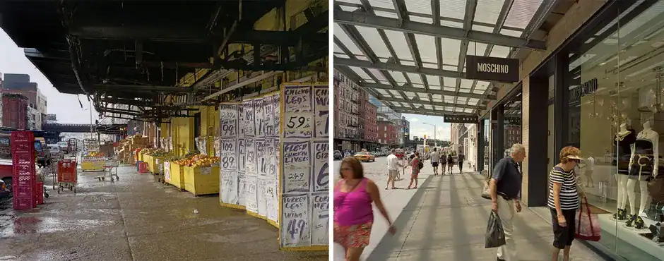 Εικόνα πριν και μετά, από το βιβλίο του Brian Rose «Metamorphosis: Meatpacking District 1985 + 2013»