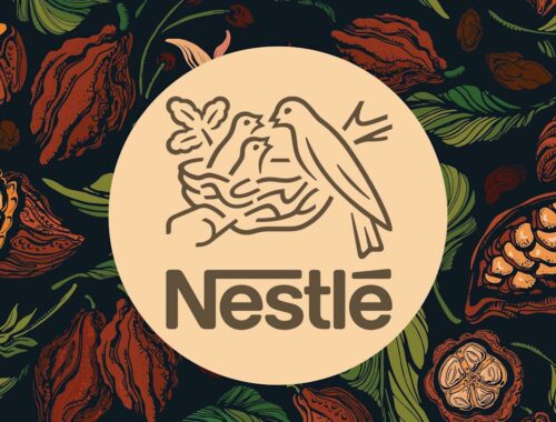 Nestle logo, cocoa fruit background, source: Food & Wine / Nestlé / Getty Images